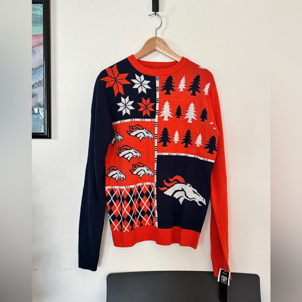 NFL DENVER BRONCOS UGLY CHRISTMAS SWEATER NWT WOMENS M NAVY ORANGE HOLIDAY KNIT